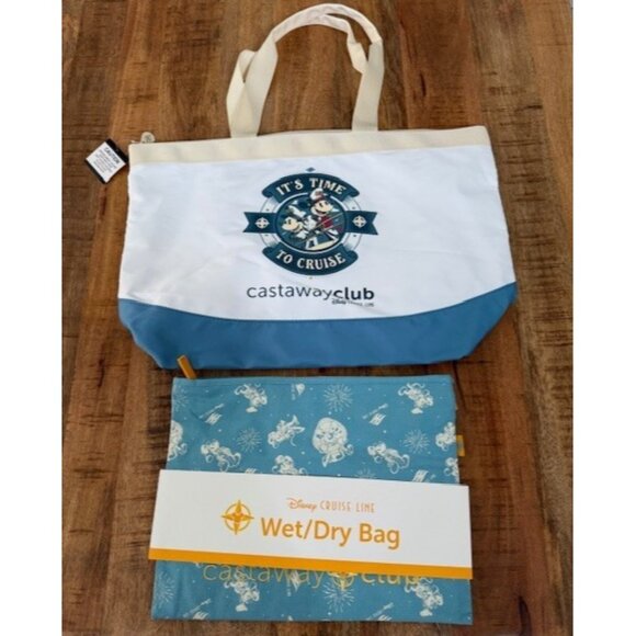 Disney Cruise Line Castaway Club Tote Bag Wet Dry Bag Set Blue White Zipper New - Picture 2 of 13